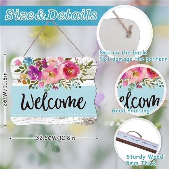Welcome Hanging Sign Front Door Decor Wooden Welcome Sign Watercolor Floral - Picture 2 of 8